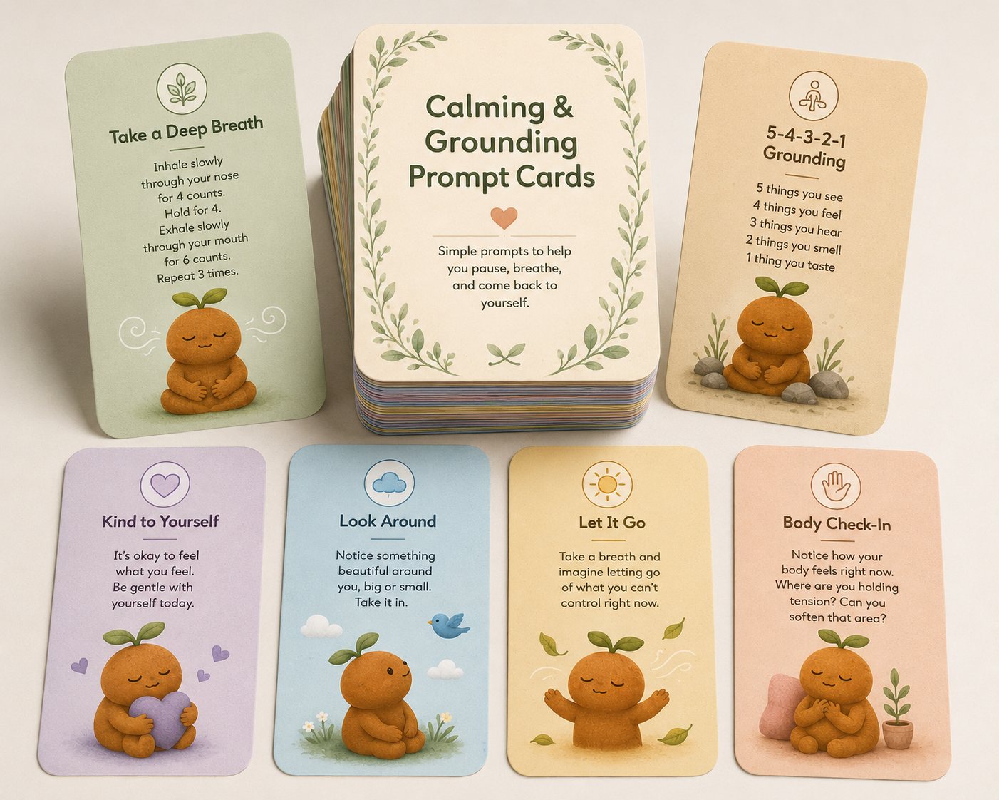 Calming and Grounding Prompt Cards — a deck of illustrated cards for emotional regulation